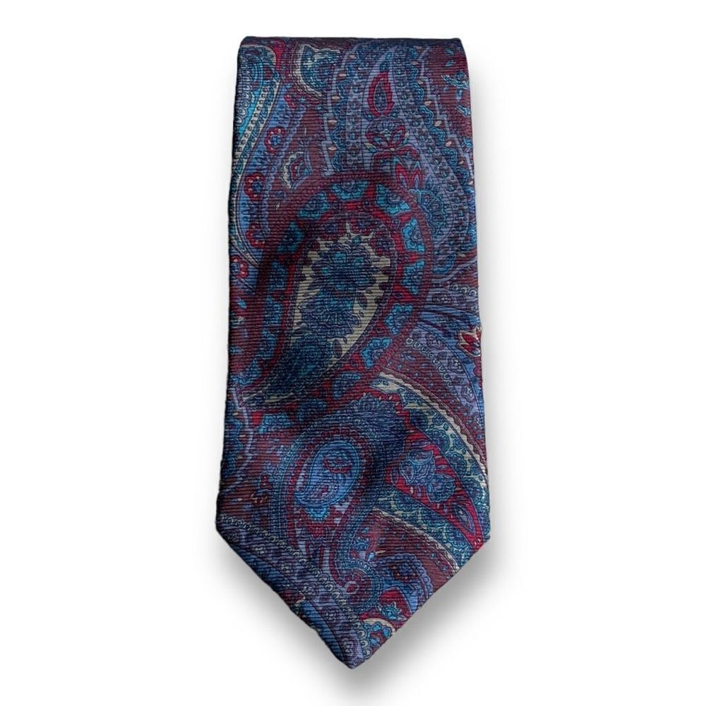Vintage Tie Burgundy Blue Retro Paisley Print Silk Heritage Preppy Old Money